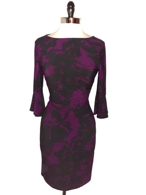 Vestido Vaina ANNE KLEIN Talla 8 Negro Púrpura Floral Manga 3/4 Tejido Elástico Foto 1 de 4