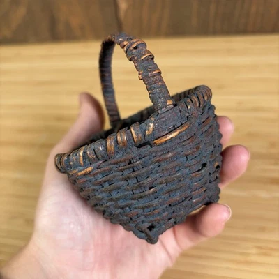 Antique 19th Century Blue Painted Wood Miniature Basket Primitive AFFA Early - Image 1 of 4