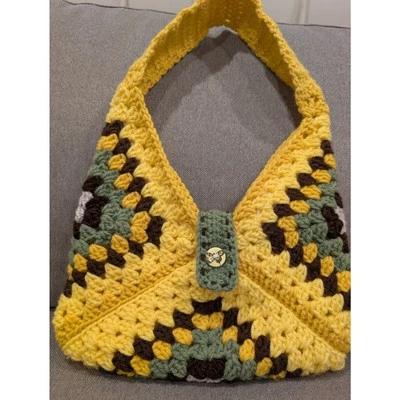 Bolsa tote forrada de ombro de malha de crochê feita à mão verde amarela 100% acrílica - Imagem 1 de 4