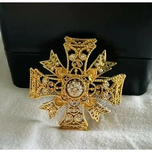 KJL maltese Cross Kenneth Jay Lane Rotating center pin brooch gold tone - Picture 1 of 10