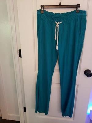Pantalones Roxy Oceanside mezcla de lino para mujer talla mediana verde azulado acampanado cordón Foto 1 de 4