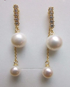 7mm/10mm White Natural Freshwater Pearl Gold Tone 925 Sterling Silver Earrings - Picture 1 of 3