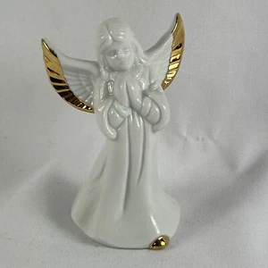Estatuilla de Angel Bell manos de oración porcelana blanca acentos dorados 4"" Navidad - Imagen 1 de 6