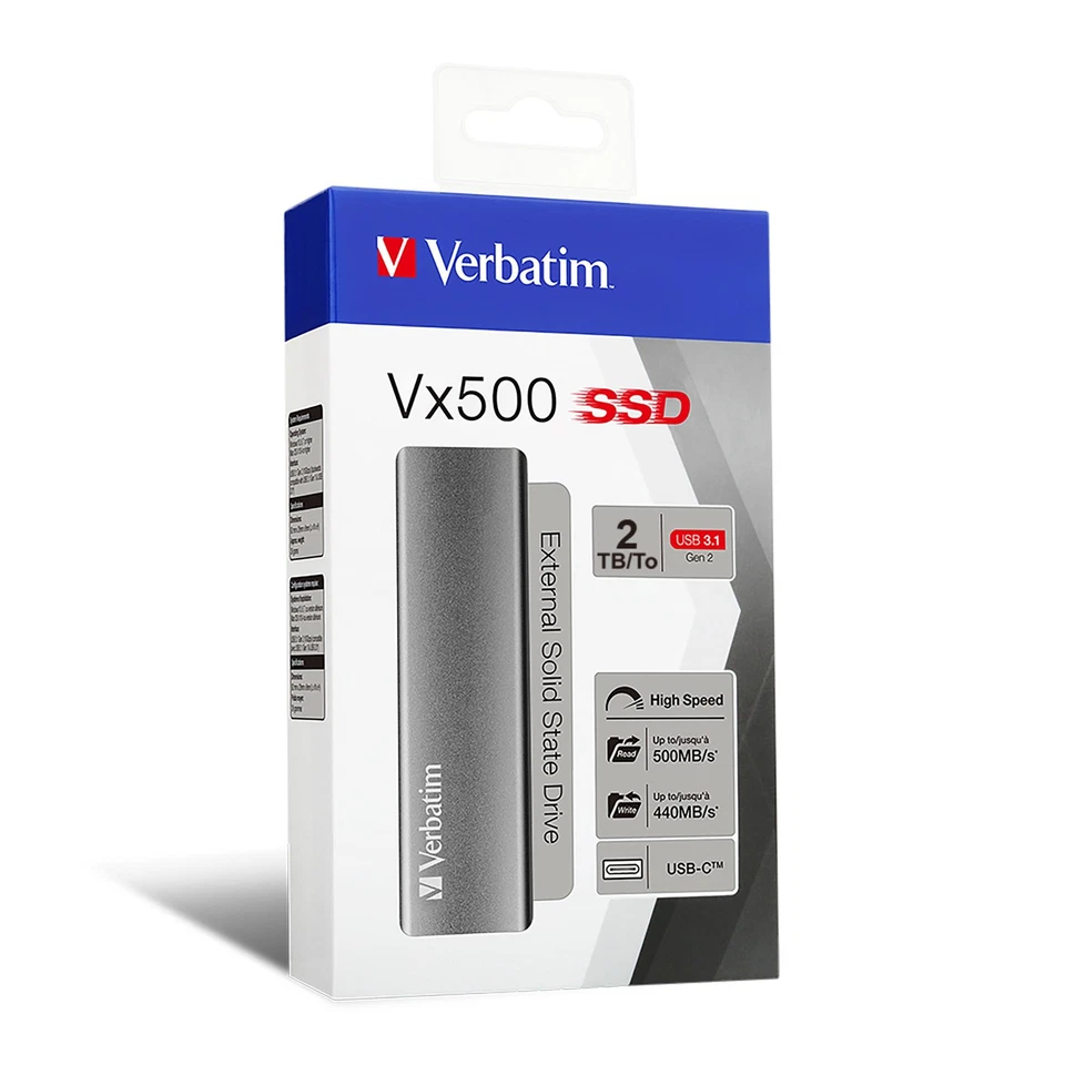 Verbatim Vx500 2TB externe SSD USB 3.1 Gen2 silber USB-C 3.2 Gen 2 500 MB/s - Bild 1 von 1