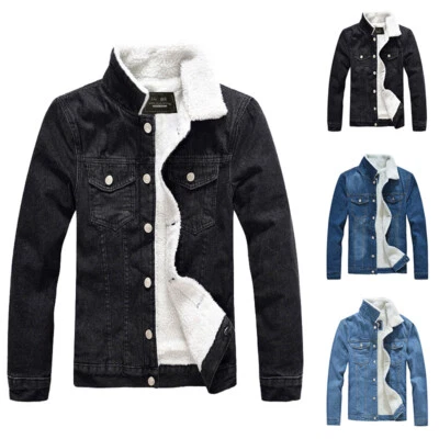 Men's Fleece Lined Winter Warm Fur Collar Coat Trucker Denim Jean Jacket Outwear - Photo 1/4
