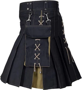 Utility Kilt 100% Cotton Jeans Hybrid Khaki Pleats Kilt Scottish Traditional Mod - Picture 1 of 4