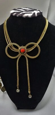 Betsey Johnson Vintage Roses Are Red Lucite Rose Crystal Gold Tone Bow Necklace - Image 1 of 4