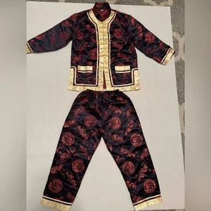 Black Red Gold Theater Pajamas Oriental Chinese Japanese Silk blend Sz 12 (U35) - Picture 1 of 14