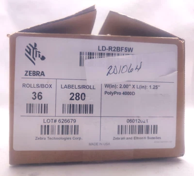 1 Box / 36 Rolls Zebra PolyPro 4000D 2"x1.25" Thermal Labels (10,080 Labels) - Image 1 of 4