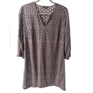 The White Company London Charcoal Gray 3/4 Sleeve Cotton Eyelet V-Neck Dress, 8 - Picture 1 of 8