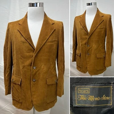 Abrigo Chaqueta Blazer Sears Hombre’s Store Vintage 40R Marrón Tostado Pana 3 Botones Años 70 Foto 1 de 4