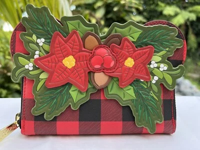 Loungefly Disney Minnie Mouse Plaid Holiday w/Poinsettias Zip Around Wallet NWT - Image 1 of 4