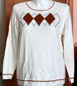 New w $54- Tag Cream Ivory w Argyle Pattern Ribbed Trimmed Plus Size 1X Sweater - Picture 1 of 8