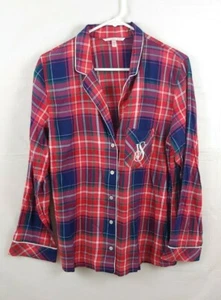 Victoria Secret Pajama Shirt Sz XS Long PJ Top Plaid Long Sleeve Button Cotton - Picture 1 of 6