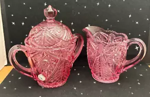 Vintage Wikinger Dalzell Glas Preiselbeere/rosa Zucker mit Deckel & Milchkännchen Stern Sägezahn 80er - Bild 1 von 13