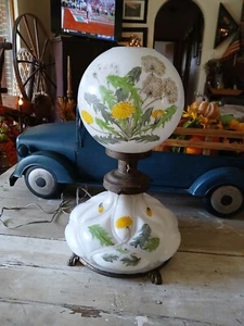 Antique Gone w/ the Wind Style Hurricane Parlor Lamp DANDELIONS - Picture 1 of 9