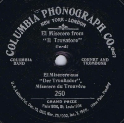 COLUMBIA BAND El Miserere Il Trovatore US 78rpm One-Sided Columbia Phonograph - Image 1 of 2