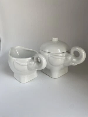 Pier 1 Elephant Creamer And Sugar Bowl With Lid, White - Image 1 of 4