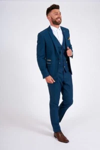 Men's Blue Wool Herringbone Tweed Plaid Check Prom Tuxedo Wedding 3 Piece Suit - Picture 1 of 11