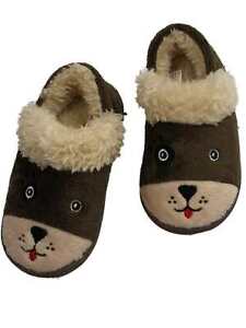 Toddler Boys Brown Puppy Dog Slippers Loafer Style House Shoes