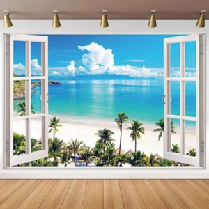 Summer Beach Window Backdrop, Hawaii Tropical Island Palm Leaves Ocean Photograp - Picture 1 of 12