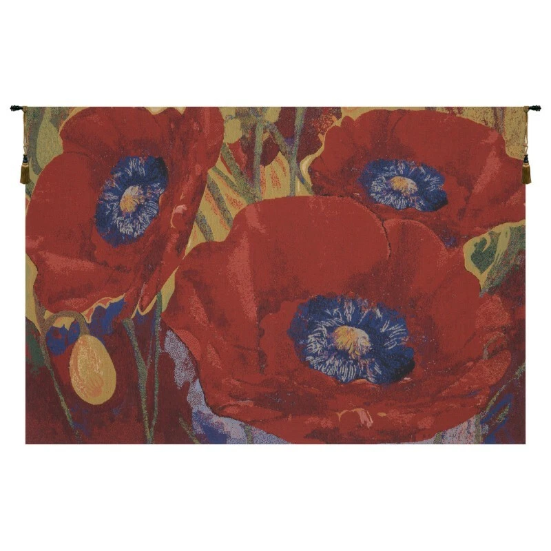 "Three Poppies" Flowers Garden Up Close European Woven Tapestry Wall Hanging - Imagem 1 de 1