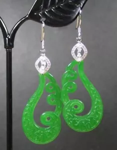 925 Sterling Silver Hook Green Jade Lotus Flower Ruyi Teardrop Dangle Earrings - Picture 1 of 9