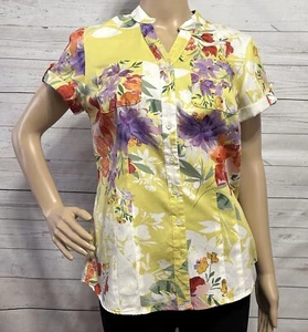 Van Heusen Studio Shirt Medium Yellow Purple Red Spring Floral Print 100% Cotton - Picture 1 of 11