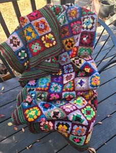 Vintage Granny Square Afghan Hand Crochet Blanket Throw 70s Boho Cottage 67"x57" - Picture 1 of 8