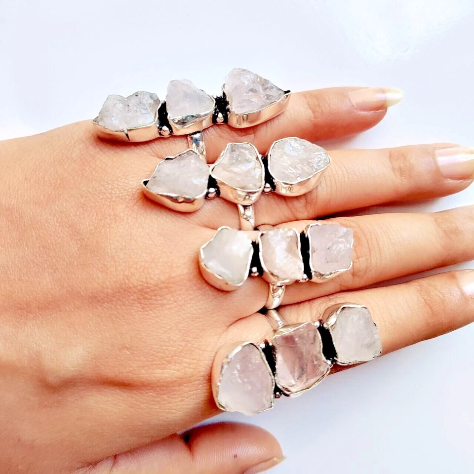 Natürlicher Rosenquarz Roh Edelstein 925 Sterling Silber Handarbeit Schmuck Ring - Bild 1 von 4