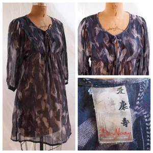 DA NANG Gray Silk Feather Print Tunic Mini Dress Boho Whimsigoth Dark Fairy S - Picture 1 of 9