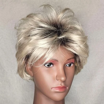 Peluca sintética Wigy gris plata corta Pixie flequillo uso diario resistente al calor Foto 1 de 4