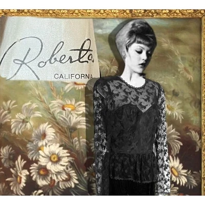  Precioso Vestido Gótico Negro Encaje y Terciopelo Años 80 Peplum Mangas Largas Foto 1 de 4