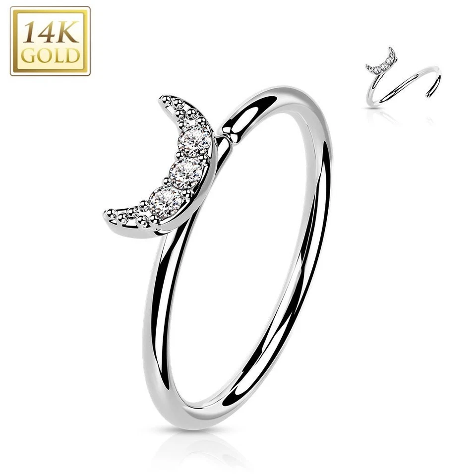 Anello Piercing Nasale In Oro Bianco 14 Carati A Luna Pave - Immagine 1 di 1