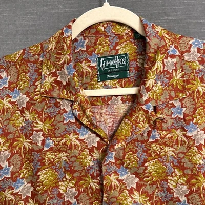 Gitman Bros Hawaiian Shirt M Vintage Linen Brown Green Floral Tropical Loop USA - Image 1 of 4