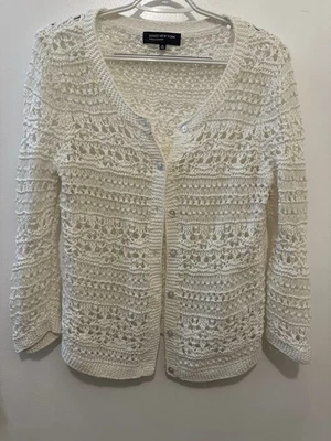Cárdigan Jones New York Collection Blanco Tejido Botón Frontal Manga 3/4 Talla Med Foto 1 de 4
