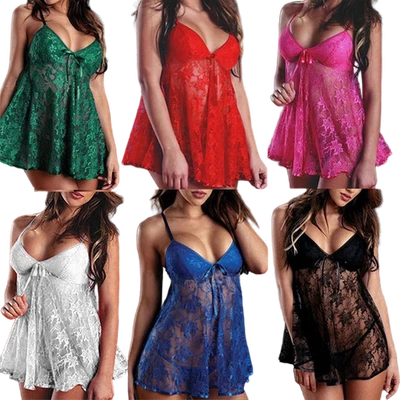 Mujer-Sexy-Lencería-Encaje-Vestido-Ropa Interior-Babydoll-Prendas de Dormir-Tanga-Ropa de Noche Foto 1 de 4