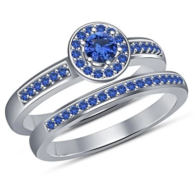 Juego de anillos de compromiso nupciales de zafiro creados en laboratorio redondos de 2 quilates de oro blanco de 14 quilates Foto 1 de 2