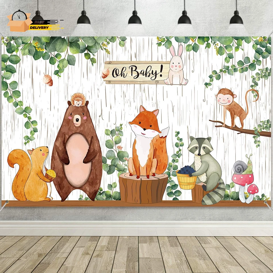 Woodland Baby Shower Backdrop Banner, Large Fabric Jungle Animal Birthday Party - Image 1 of 4