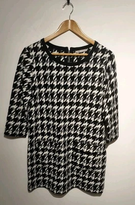 M&S UK 14 Houndstooth Check Dress Black&White 3/4 Sleeve Jersey Pockets - Image 1 of 4