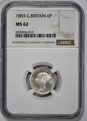 1883 Great Britain Silver 6P Sixpence NGC MS 62 Semi Proof Like - Image 1 of 4