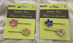 Lot Of 4 Flower Bobby Pins Pink And Blue Brand New - Picture 1 of 3