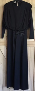 VTG 1960s 70s VICTOR COSTA LTD Z 8 BLACK BAT WING DRESS BEADED FLOWER SLIT BACK - Picture 1 of 7