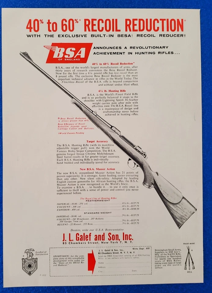 Rifle de acción Mauser 1957 vintage marca BSA reductor de retroceso anuncio impreso en color Foto 1 de 1