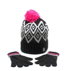 New Fairisle Cuff Contrast Pom Beanie with Gloves Winter Kids - Picture 1 of 1