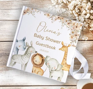 Personalised safari baby shower guest BOOK / SCRAPBOOK MEMORY ALBUM - Picture 1 of 4
