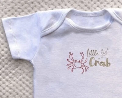 ‘Little Crab’ Baby Short Sleeved Embroidered White Bodysuit Vest 0-3 Months - Image 1 of 4