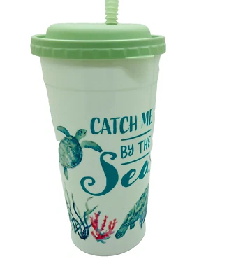 Jumbo Beach Plastic Tumbler Cup Turtles 75 oz Catch Me By The Sea W Lid & Straw - Image 1 of 4