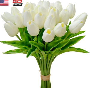 28Pcs Cream Artificial Tulip Silk Fake Flowers 13.5" for New Year Spring Mother' - Picture 1 of 9