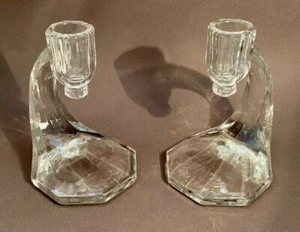 Set of 2 Elegant Deco Vintage Crystal Clear Glass Taper Candle Holders - Picture 1 of 6